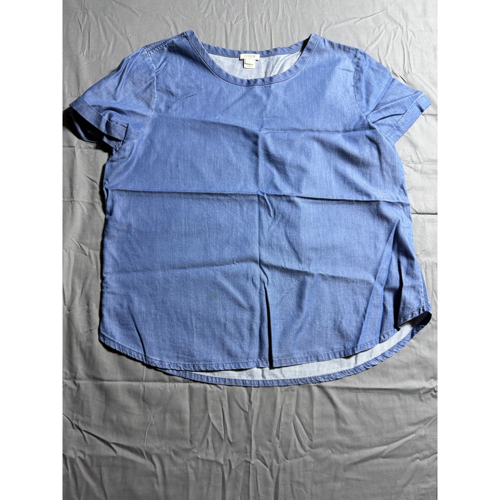 J.Crew Chambray Top Women Size L Blue Good Short Sleeve High-Low Hem Shirt